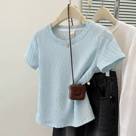 小个子短款短袖T恤女夏季新款修身韩版打底衫韩系甜辣妹正肩上衣图片