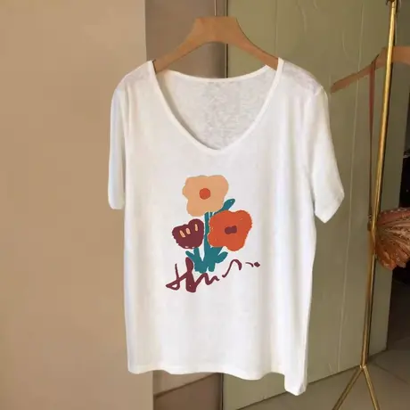 超火减龄t恤竹节棉短袖女夏宽松v领微胖独特漂亮上衣chic甜辣穿搭商品大图