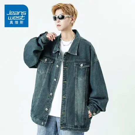 KZH真维斯工装牛仔外套男士宽松百搭时尚外套怀旧绿潮牌休闲上衣商品大图