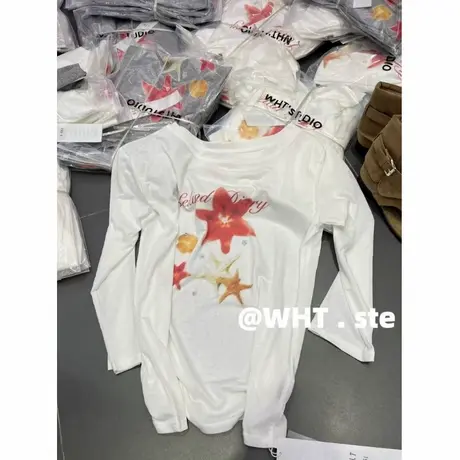 韩国东大门夏季新款时尚百搭花朵图案印花斜肩防晒长袖T恤上衣女商品大图