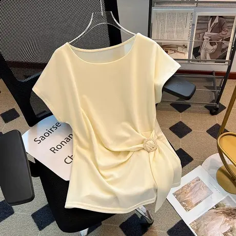 拉夏贝尔韩系纯色圆领短袖T恤女夏2025新款设计感绑带别致上衣图片