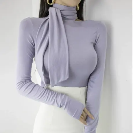 现货 春秋新款韩国爆款东大门修身显瘦立领系带长袖T恤上衣打底衫图片