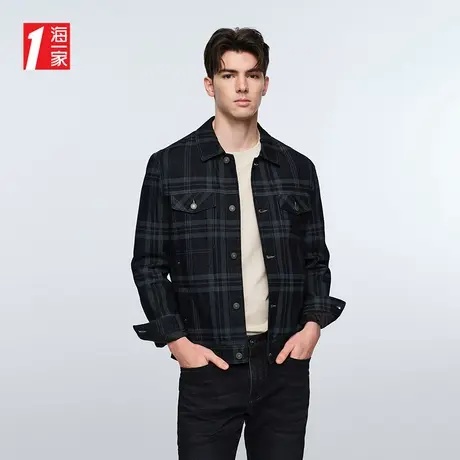 海一家时尚翻领夹克2025春季新款经典格纹青年男士休闲外套图片