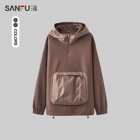 三福2023冬男士异材质口袋拼接卫衣 潮流宽松连帽上衣男477715商品大图