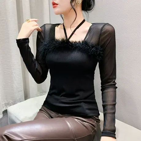 黑色网纱拼接方领T恤女长袖时尚挂脖百搭上衣洋气修身秋冬打底衫商品大图