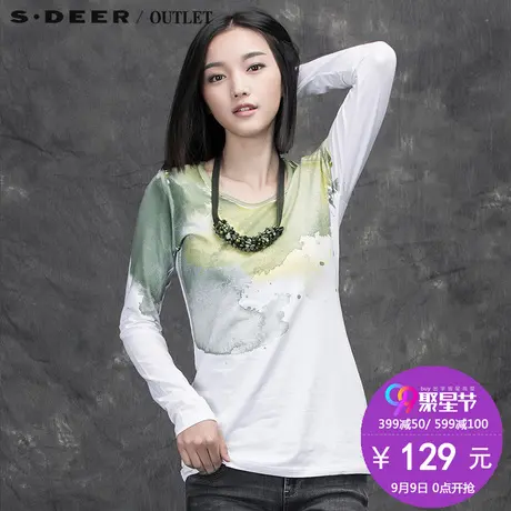 sdeer圣迪奥女装2017冬装休闲文艺抽象印花棉纺长袖T恤S15480214图片