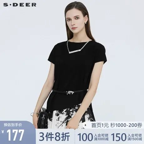 sdeer圣迪奥女2021夏装休闲圆领不规则裁剪短袖T恤S21280107图片