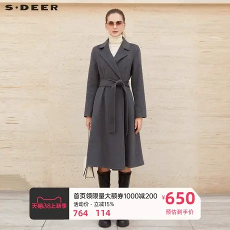 sdeer圣迪奥女装休闲西装领收腰长款毛呢大衣S23462502图片