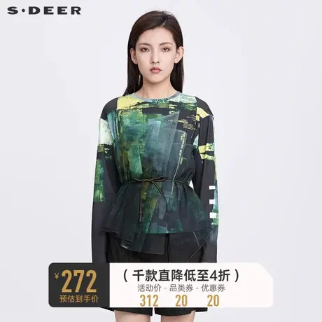 sdeer圣迪奥女秋装圆领字母印花收腰网纱长袖T恤S22180220图片