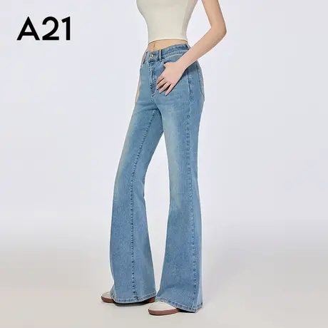 A21女装修身显瘦微弹牛仔裤简约喇叭裤高腰微喇裤图片