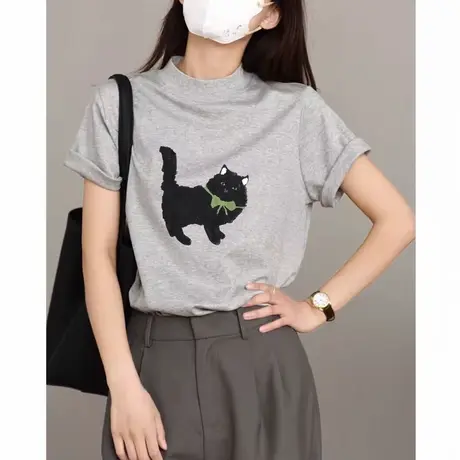 2025新款时尚减龄半高领短袖t恤女夏季简约百搭宽松休闲正肩上衣图片