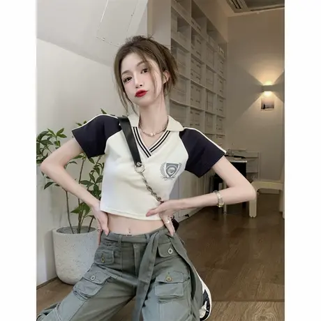 美式正肩v领T恤女短袖夏季Polo衫设计感小众修身短款欧美辣妹上衣商品大图