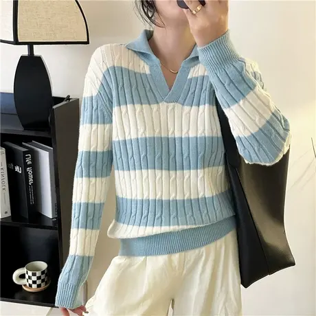 冬季polo领内搭条纹毛衣女2024秋冬新款爆款针织打底衫洋气上衣女图片