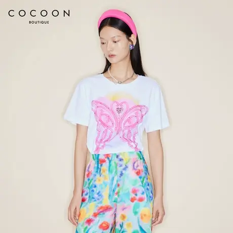 COCOON商场同款T恤23夏新女玫瑰花的蝴蝶图案手工钉钻爱心T恤商品大图