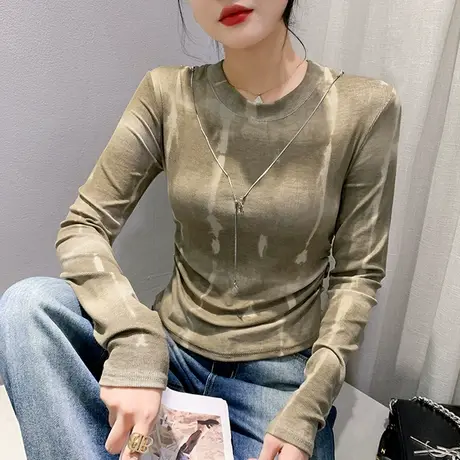 欧货网红长袖T恤女秋季设计感小众链条上衣时尚洋气印花打底衫ins图片