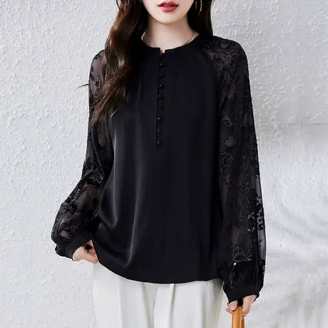蕾丝镂空长袖衬衫女春秋新款宽松加大码女装中年妈妈洋气显瘦上衣图片