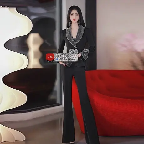 秋季女装时髦拼接亮片西装喇叭裤两件套新款翻领洋气职业套装商品大图