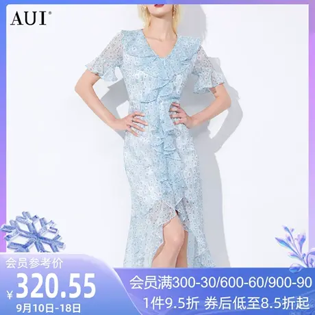 AUI蓝色雪纺碎花连衣裙女2023夏季新款名媛气质V领荷叶边收腰裙子商品大图