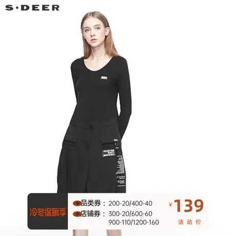 sdeer圣迪奥女装撞色字母创意拼接不规则摆长袖连衣裙秋S19381220🔥商品大图