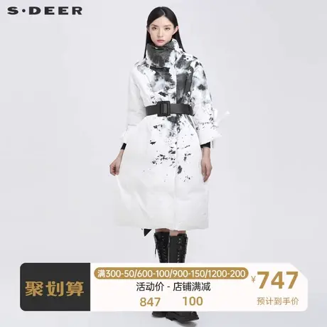 sdeer圣迪奥女装高领水墨收腰系带A字长款羽绒服S21482486📱商品大图