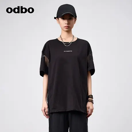 odbo/欧迪比欧时尚印花短袖女t恤2024夏季新款网纱设计感宽松上衣图片