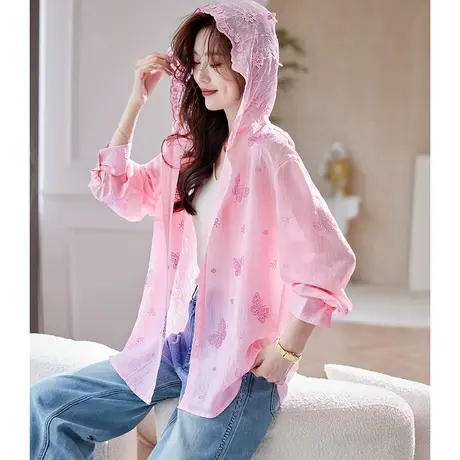 宝诗黎连帽烫钻防晒衬衫外套2025新款宽松休闲百搭夏季轻薄上衣女图片