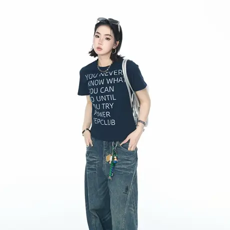 YEP2025夏季新款正肩修身短款创意印花T恤女潮牌辣妹风半袖上衣图片