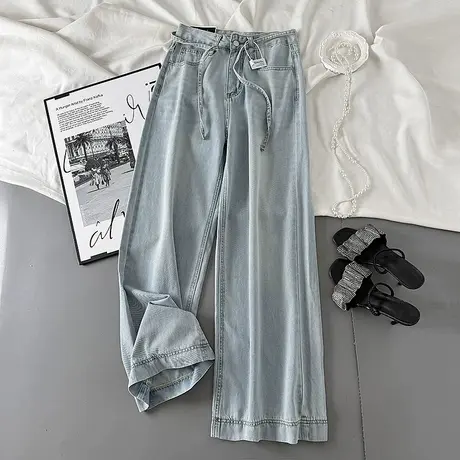 韩版简约绑带牛仔裤女2025春夏新款时尚休闲直筒裤窄版垂感长裤子商品大图