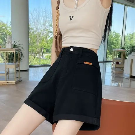 黑色高腰牛仔短裤女夏季薄款2025新款小个子显瘦百搭a字阔腿热裤商品大图