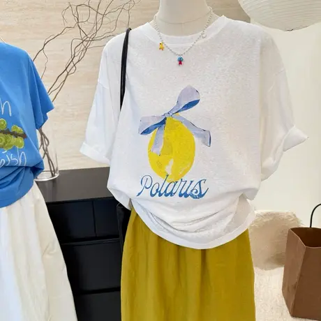 韩版宽松显瘦百搭设计感柠檬印花大版雪花棉短袖t恤女夏季上衣潮商品大图