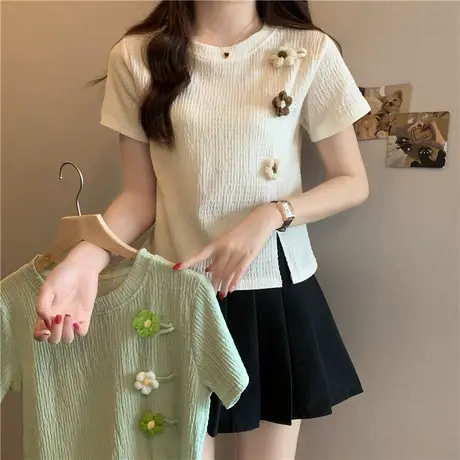 正肩短款小个子短袖t恤女2024新款夏季韩版宽松大码立体花朵上衣图片