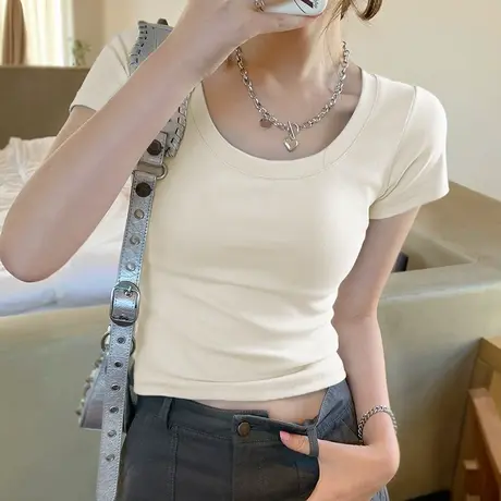 chic甜辣U领正肩短袖T恤女夏季新款修身韩版短款紧身收腰半袖上衣图片