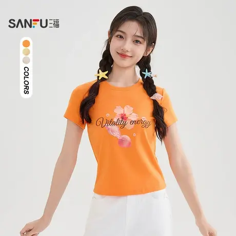 三福短T恤2025夏季花朵印花圆领休闲合身短款上衣女装504169图片