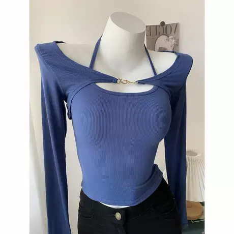 2022秋冬温柔纯欲性感修身显瘦长袖假两件T恤设计感小众别致上衣商品大图