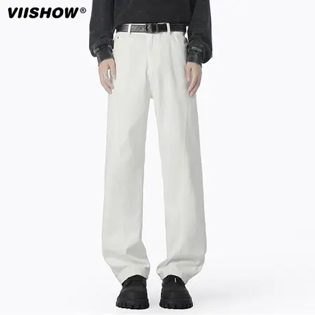 VIISHOW白色弯刀牛仔裤男2025秋季新款美式高街痞帅宽松直筒裤子商品大图
