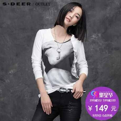 sdeer圣迪奥女装2017冬装黑白印花长袖修身圆领打底T恤S15480202图片