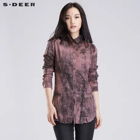 sdeer圣迪奥女2017冬装诗意斑驳枫叶印花抓皱长袖衬衫S16380578商品大图