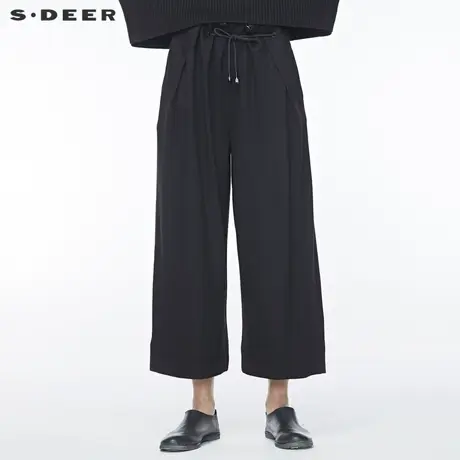 sdeer圣迪奥冬季女装抽褶系带插袋毛呢纯黑宽松阔腿长裤S19480865图片