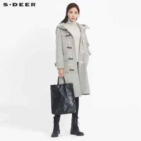 sdeer圣迪奥时尚学院风条纹牛角扣中长款连帽大衣女S20481841图片