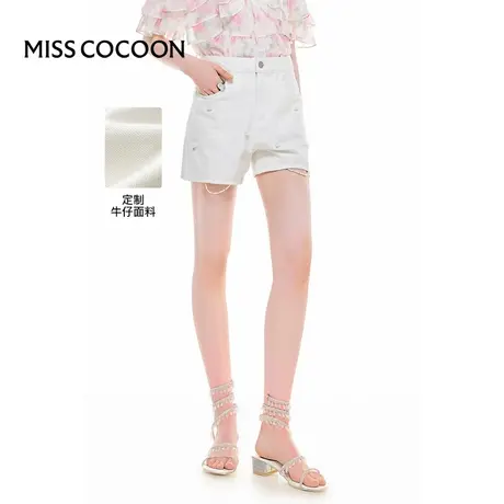 100%纯棉 可可尼COCOON2025夏季新款钉珠高腰A字白色牛仔短裤女装商品大图