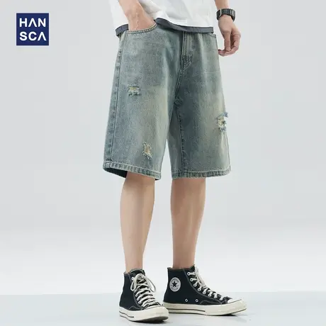 hansca破洞牛仔短裤男美式复古夏季潮牌痞帅休闲水洗撞色五分裤子商品大图