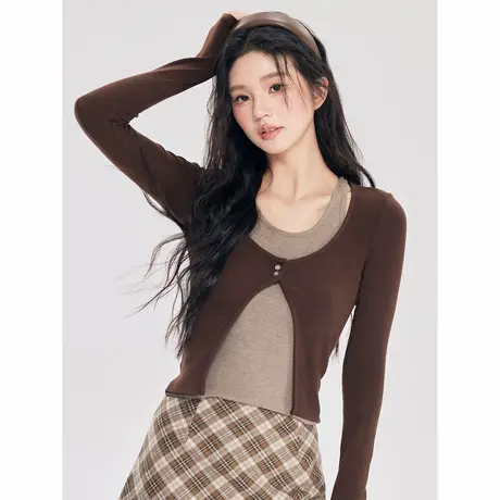 尔给初秋长袖假两件上衣女撞色拼接时尚显瘦短款百搭女士修身T恤商品大图