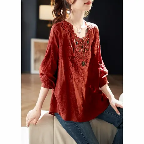 宝诗黎方领宽松蕾丝拼接衬衫女2025春季新款气质洋气棉质长袖衬衣图片