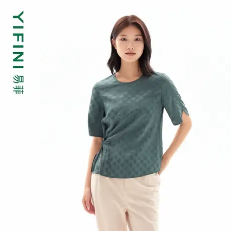 Yifini/易菲新中式醋酸提花凉感绑带收腰通勤宽松短款小衫衬衫女商品大图