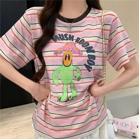 卡通撞色条纹短袖t恤女2025新款初秋美式复古设计感宽松减龄上衣图片