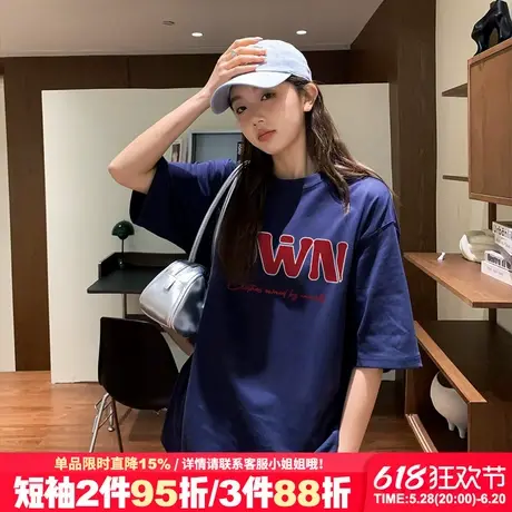 韩系高级感超显白藏蓝色短袖t恤女设计感字母印花复古百搭上衣潮商品大图