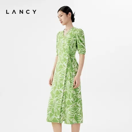 LANCY/朗姿2024春季新款翠绿色V领真丝印花短袖连衣裙法式高级感商品大图