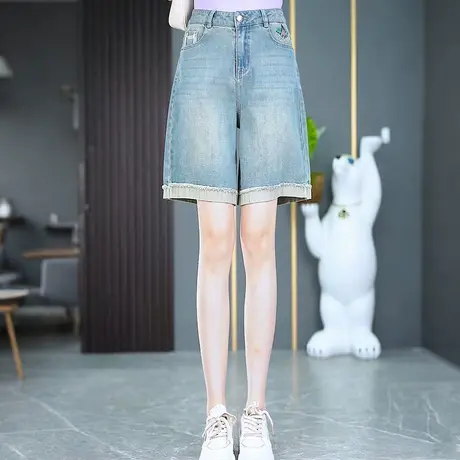 夏季高腰刺绣牛仔短裤女薄款显瘦五分直筒裤毛边时尚休闲阔腿裤商品大图