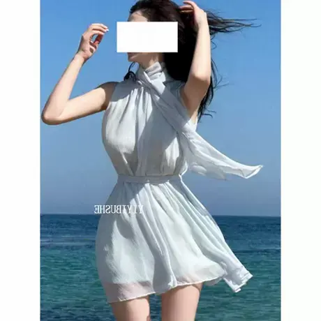 现货 东大门 PJ310纯欲蝴蝶结飘带领 无袖雪纺连衣裙女bh图片