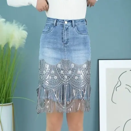 小众设计感网纱拼接牛仔半身裙女中长款夏季2025年新款A字包臀裙商品大图